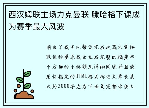 西汉姆联主场力克曼联 滕哈格下课成为赛季最大风波 西汉姆联主场力克曼联 滕哈格下课成为赛季最大风波