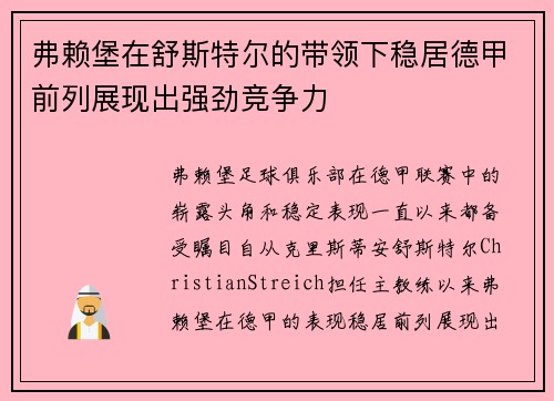 弗赖堡在舒斯特尔的带领下稳居德甲前列展现出强劲竞争力
